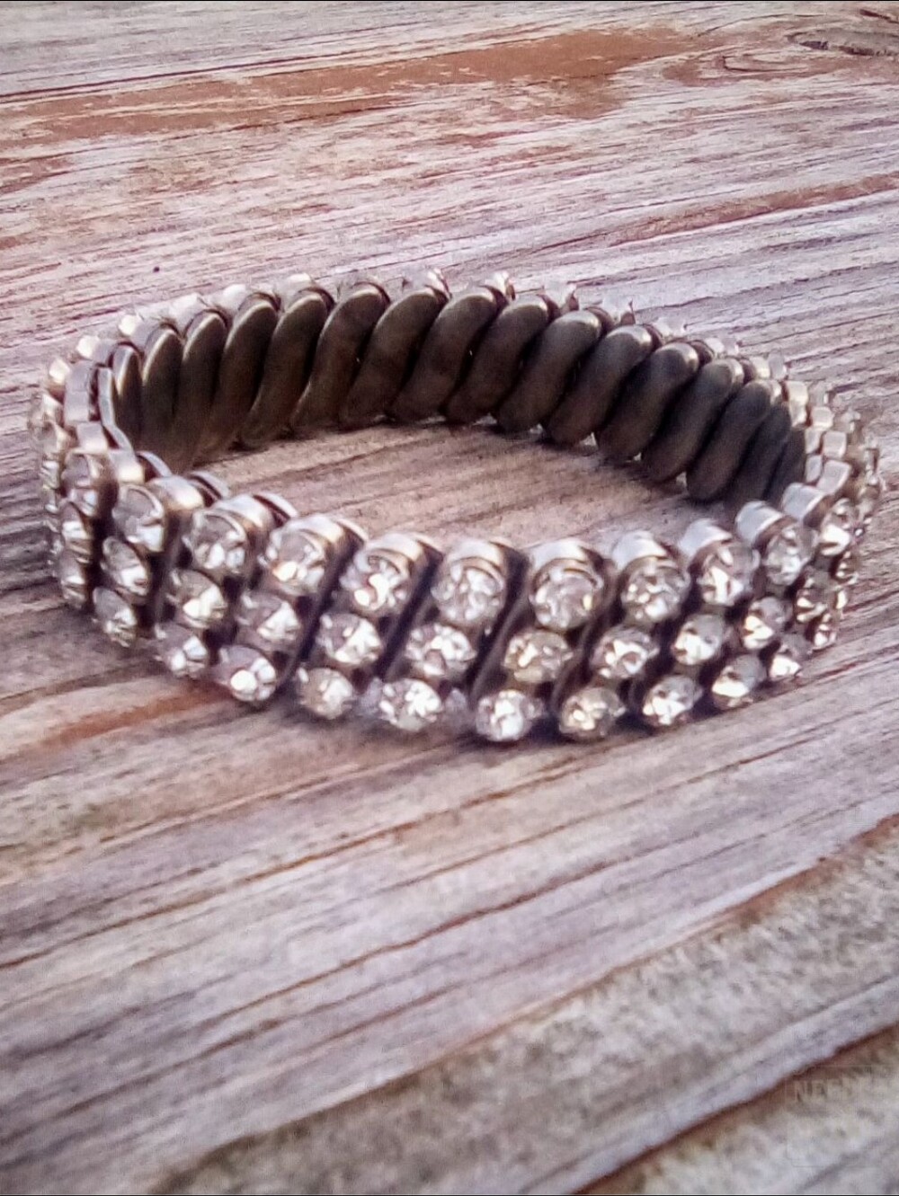 Vintage Silver Tone 3 Row Clear Rhinestone Stretch Bracelet